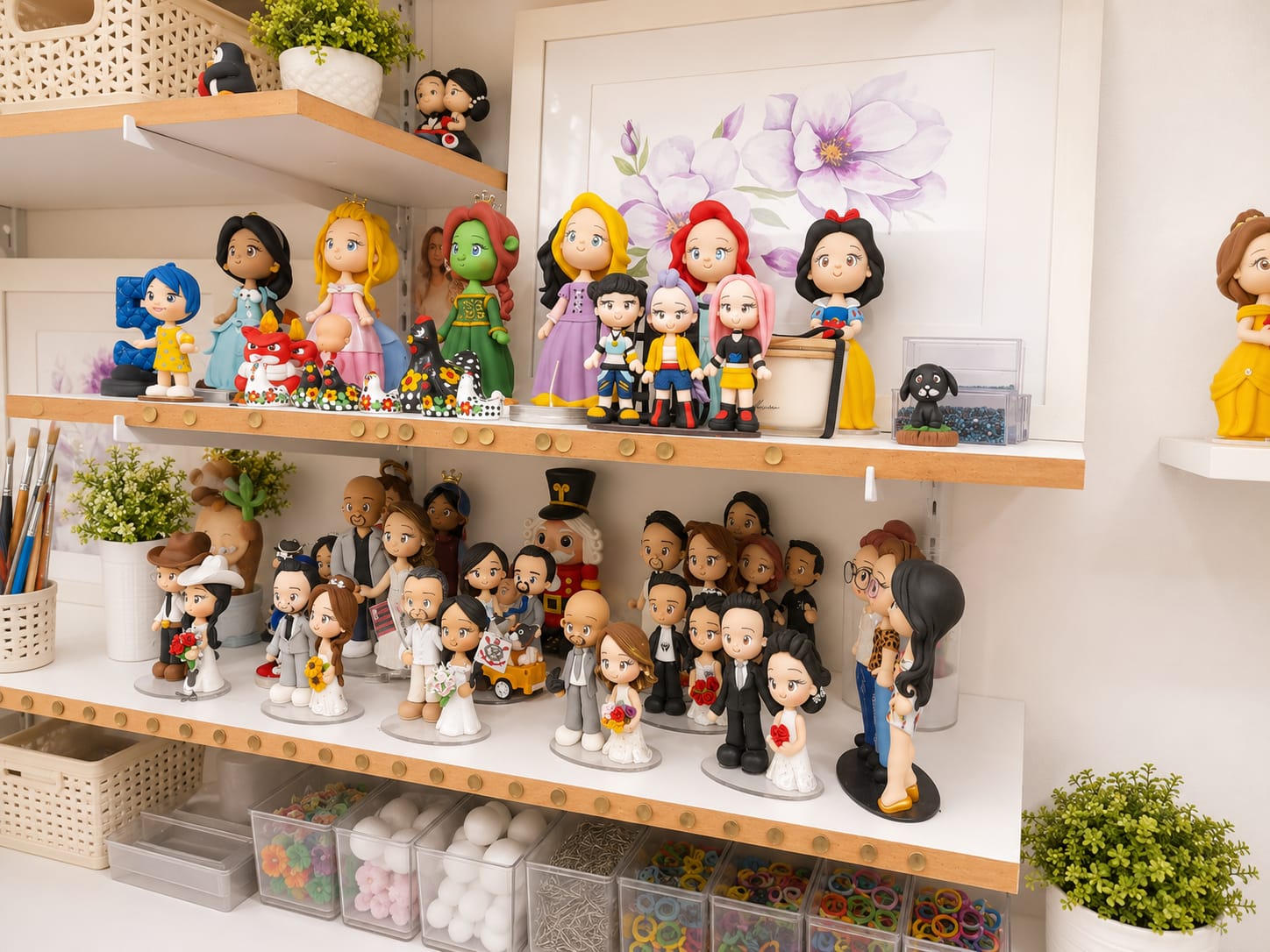 Mãos modelando figuras em biscuit no atelier